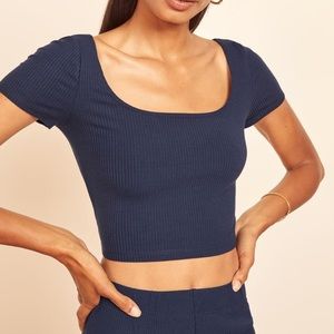 Reformation Crop Top Short Sleeve Box Neck Navy M